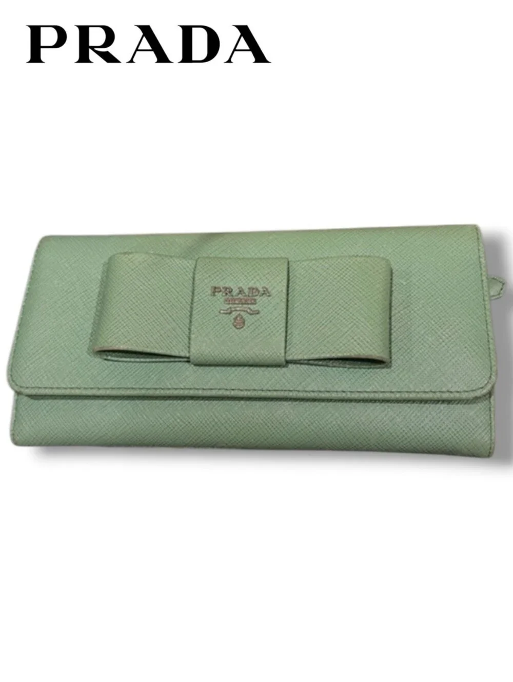 PRADA Fiocco Bow Saffiano Leather Long Wallet Green Foldover Clutch Flap Italy